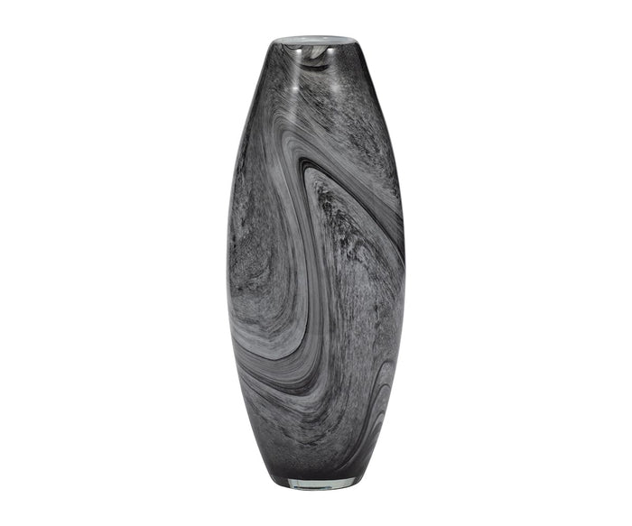The Stormy Swirl Vase is a tall, oval-shaped piece in black/multi with a striking marbled pattern and a small circular opening at the top, displayed against a white background.
