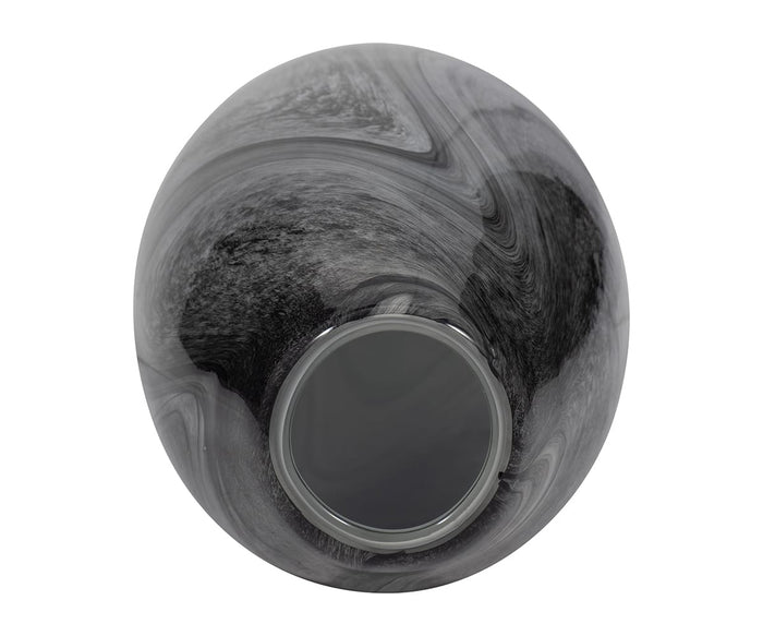 Top view of the Stormy Swirl Vase, a hand-finished glass vase featuring gray marbled swirls and a narrow circular opening, shown against a white background. The swirling patterns add depth and movement to its round form.