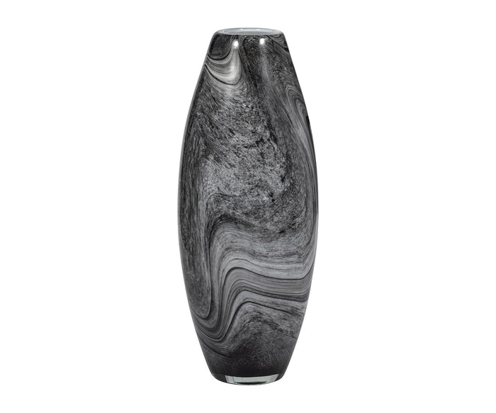 The Stormy Swirl Vase is a tall, oval-shaped, hand-finished glass vase with a smooth surface and features a swirling black and gray marbled pattern, shown isolated on a white background.