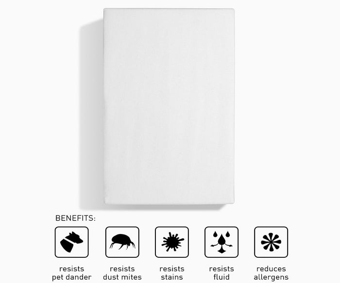 The Stretchwick Mattress Protector, shown here in white, is displayed above icons highlighting its resistance to pet dander, dust mites, stains, and fluids as well as its ability to help reduce allergens. Designed with breathable stretch fabric, this mattress protector provides a secure fit and enhanced comfort.