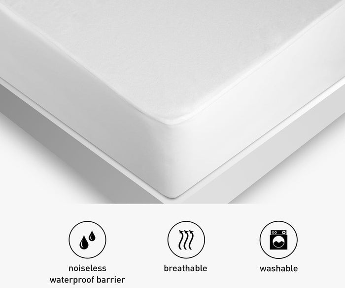 A white Stretchwick Mattress Protector is displayed on a bed, with icons below illustrating that it is noiseless, waterproof, breathable, and washable. Crafted from stretch fabric, the Stretchwick Mattress Protector provides a perfect fit while delivering maximum comfort and protection.