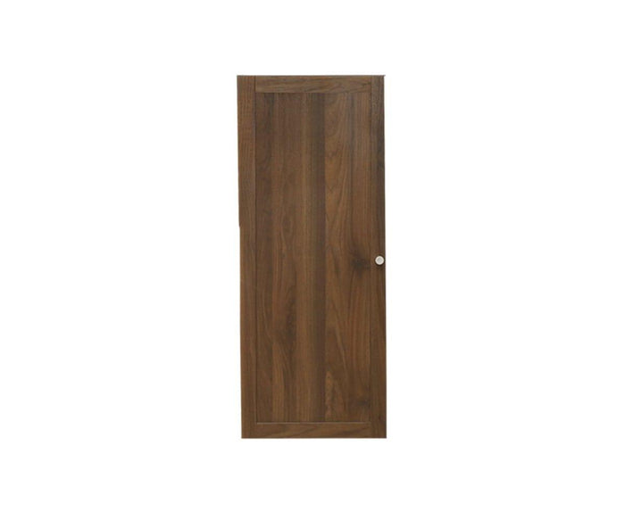 The Stuen Narrow Panel Door in Walnut, featuring a vertical grain design and a subtle round silver knob on the right, stands upright against a plain white background—making it an ideal choice for upgrading storage or adding refined elegance to your Stuen Bookcase.