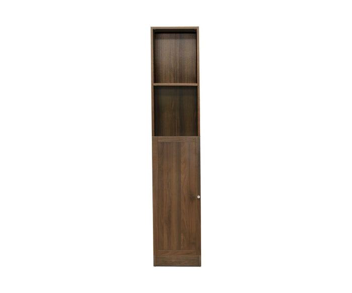 The Stuen Narrow Panel Door is a tall, wooden bookcase featuring an open upper shelf and a lower section with a single panel door. Boasting a simple, modern design and a smooth dark brown finish, it offers a stylish storage upgrade for any space.