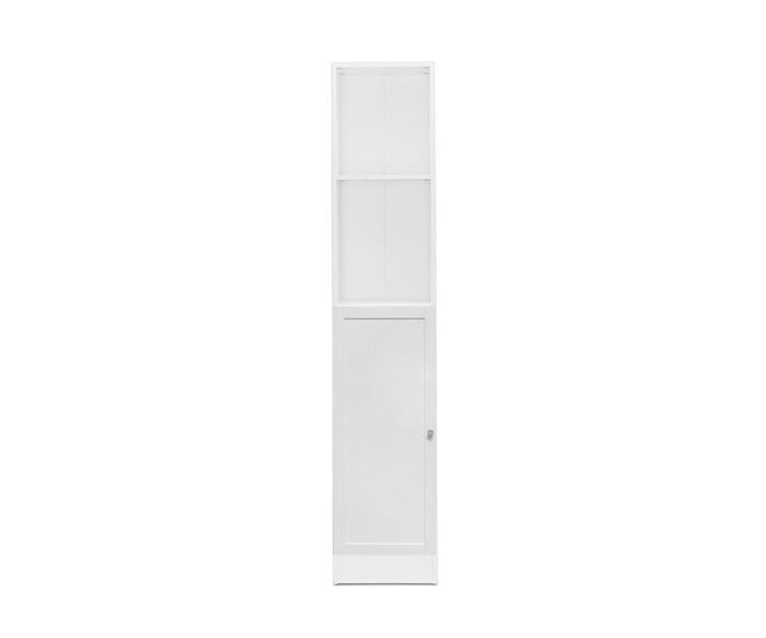 The Stuen Narrow Panel Door is a tall, narrow white cabinet featuring classic panel doors and a closed lower section, providing a stylish storage upgrade; it stands elegantly against a plain white background.