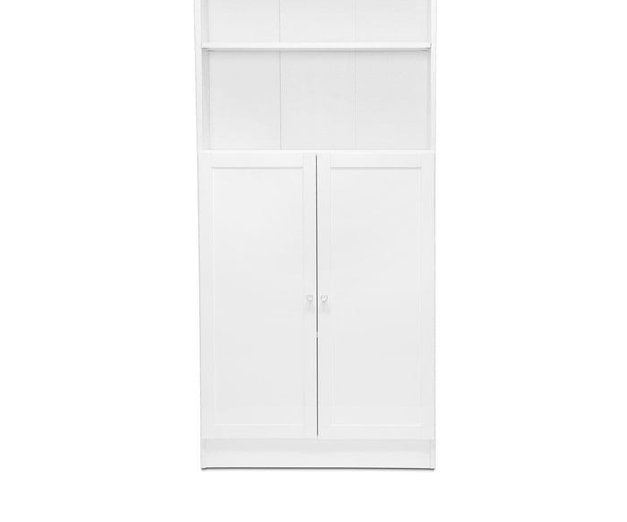 The Stuen Narrow Panel Door is a tall, white cabinet featuring lower panel doors and an open shelf above, offering a stylish storage upgrade set against a white background.