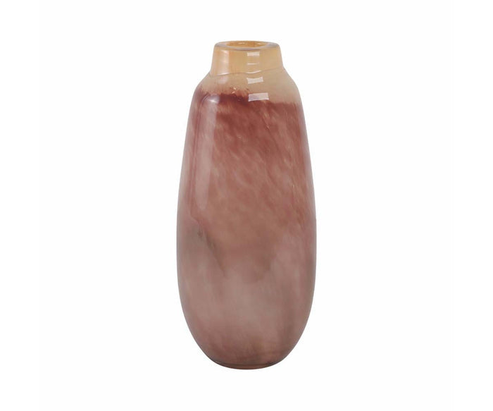 Introducing the Sunset Rose Vase—a tall, oval glass vase with a multi-colored, hand-finished glossy surface. Its narrow opening and smooth, seamless design make it perfect for adding a touch of romantic home decor to any space.
