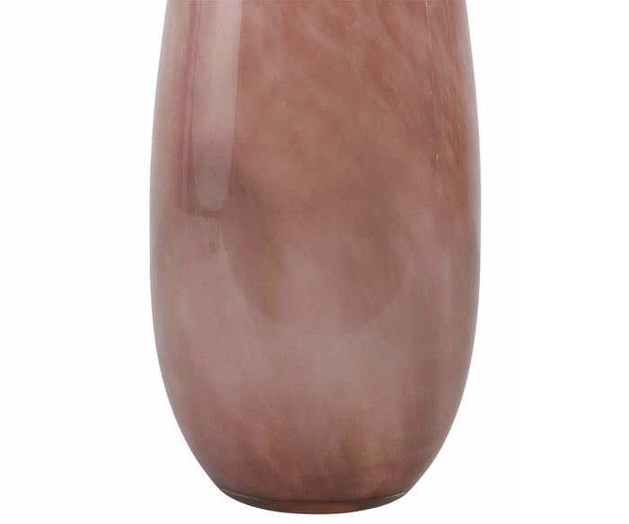 A close-up highlights the lower half of the Sunset Rose Vase, a tall, smooth glass piece in pinkish-brown with a glossy finish and subtle swirling patterns—hand-finished for an exquisite touch to romantic home decor.