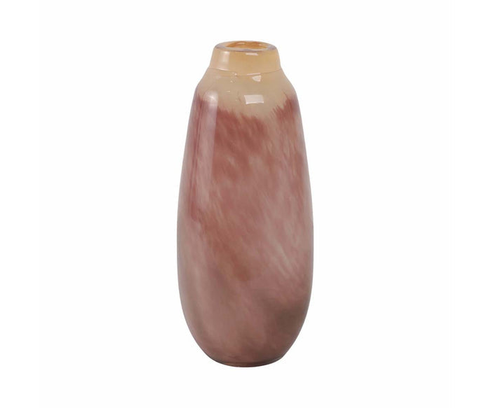 The Sunset Rose Vase is a tall ceramic vase with a narrow opening, showcasing a glossy, marbled finish in shades of beige, brown, and light pink. Its smooth, elongated shape stands upright against a white background—making it an ideal choice for romantic home decor or as an elegant centerpiece in your living space.