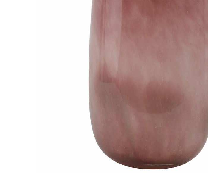 Close-up of the bottom half of the Sunset Rose Vase, featuring a smooth, slightly rounded base and a delicate gradient color effect. Expertly crafted from hand-finished glass, this tall vase is perfect for adding a romantic touch to your home decor.