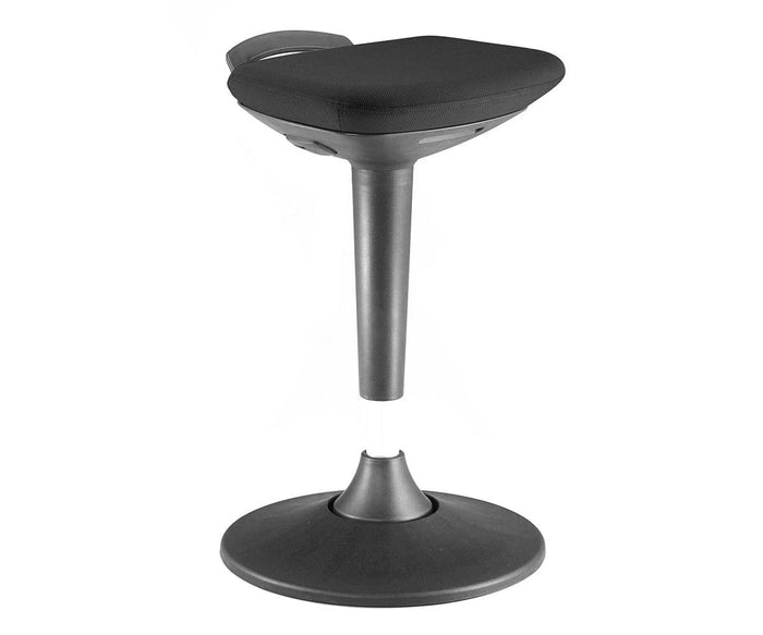 The Swing Desk Stool is a modern black sit-stand stool featuring a rectangular cushioned seat, a single central support column, and a rounded base, designed for ergonomic comfort and versatile use.