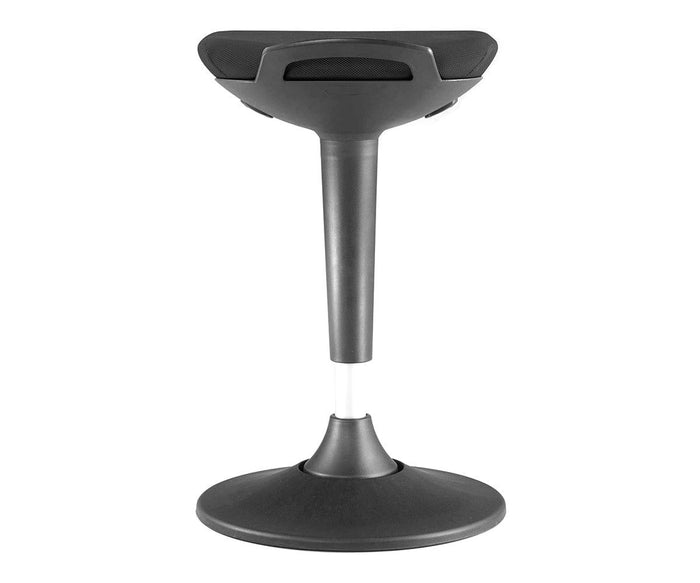 The Swing Desk Stool, shown here on a white background, is a black ergonomic sit-stand stool featuring adjustable height, a rounded base for active movement, and a contoured seat—ideal for use with standing desks.