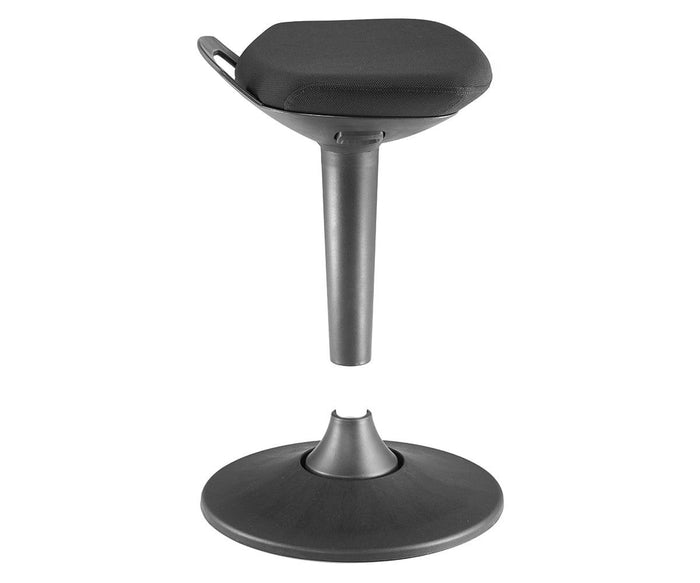 The Swing Desk Stool features a black, round cushioned seat atop a conical central support and a wide, flat circular base. Designed as a versatile sit-stand stool, it provides flexibility and comfort for extended work sessions. The product is shown separated into two pieces.
