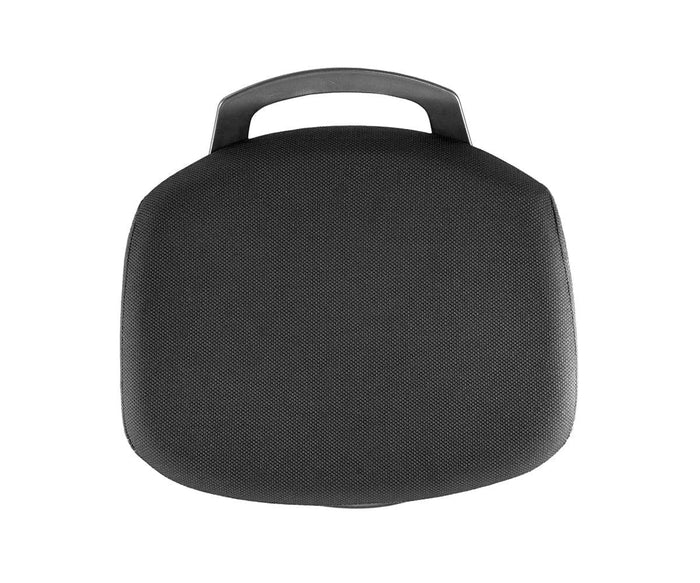 A black, rectangular seat cushion for the Swing Desk Stool, featuring a textured fabric cover and an integrated plastic handle at the top for easy carrying, designed to provide enhanced lumbar support; displayed from a top-down perspective against a white background.