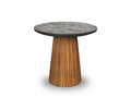 A round Taavi 20″ End Table in natural teak, featuring a textured top and a tapered, ribbed wooden base crafted from reclaimed teak, shown on a white background—a perfect accent for any mid-century modern space.