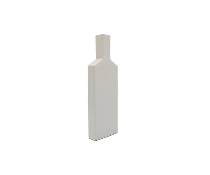 A plain, white, rectangular object with a narrow, upright top resembling the silhouette of a bottle is shown standing on a white background—this contemporary piece from the Tall Silhouette Vases collection captures minimalist elegance. Its modern design brings sophisticated style to any space.