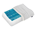 The Technogel Anatomic Pillow in white features a partially removed cover, exposing its blue gel layer inside for enhanced cooling comfort and support.