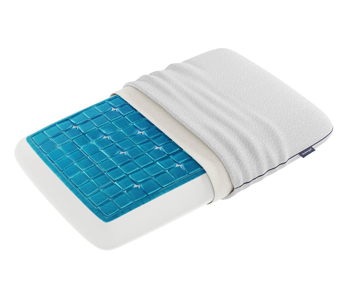 A Technogel Deluxe Thick Pillow in white with a portion of the cover removed, showcasing its blue cooling gel layer atop the foam for balanced support, added comfort, and enhanced cooling to regulate temperature effectively.