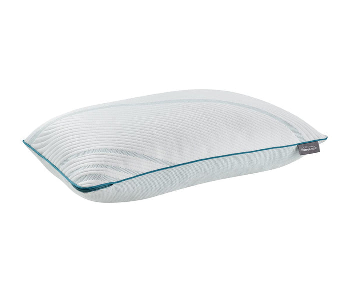 A white, rectangular TEMPUR® Adapt ProAdjust Pillow with a textured surface and teal piping along the edge, crafted from TEMPUR-Material™ for personalized comfort. A small black tag is attached to one corner. The pillow is displayed against a plain white background.