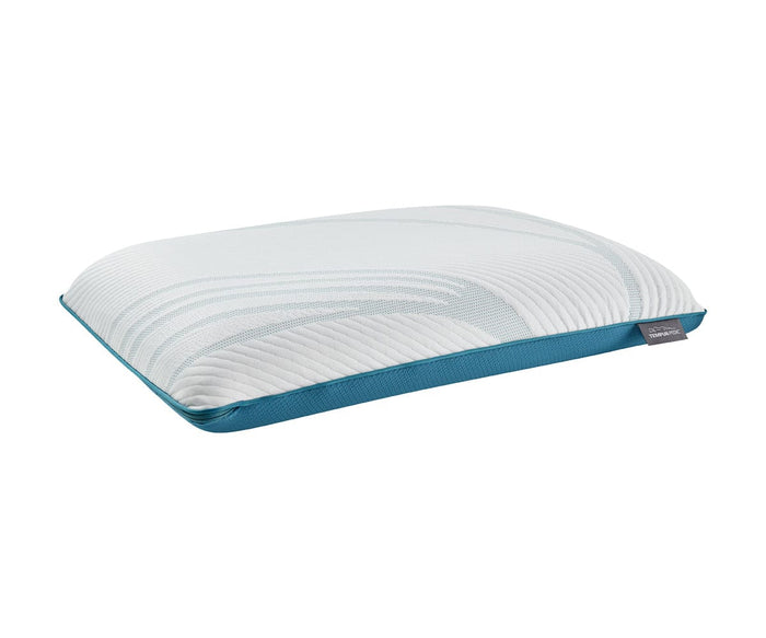 The TEMPUR® Adapt ProLo 2.0 Pillow is a rectangular pillow crafted with TEMPUR-Material, featuring a textured white top, light blue accents, and a blue fabric border along the bottom edge—designed to deliver personalized comfort. Shown against a plain white background.