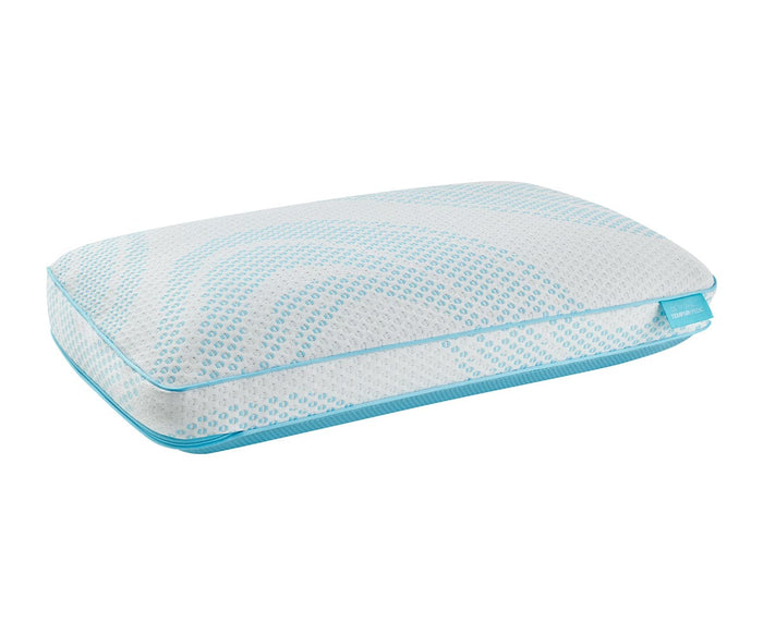 The TEMPUR® Breeze ProHi 2.0 Pillow is a rectangular, low profile pillow crafted with TEMPUR-Material, shown on a white background with a white cover featuring light blue dotted swirl patterns and blue trim along the edges. Designed to deliver comfort and support, this cooling pillow helps maintain a refreshing sleep surface.