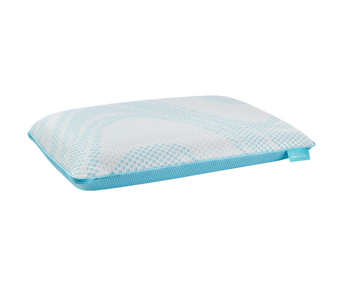 The TEMPUR® Breeze ProLo 2.0 Pillow is a rectangular memory foam pillow made with TEMPUR-Material, shown on a white background. It features a white and light blue patterned cover with blue trim, and its lower profile is designed for cooling comfort and optimal support.