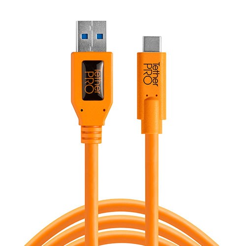 Tether Tools TetherPro USB 3.0 to USB-C 15-foot cable in orange for high-speed data transfer and reliable camera connectivity