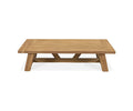 Introducing the Thorvid Outdoor Coffee Table in Natural Teak. This rectangular table is crafted from solid teak and features a slatted top with angled, sturdy legs joined by a horizontal crossbar for enhanced stability. Its natural finish highlights the beauty of teak wood, while its weather-resistant design makes it perfect for patios or gardens.