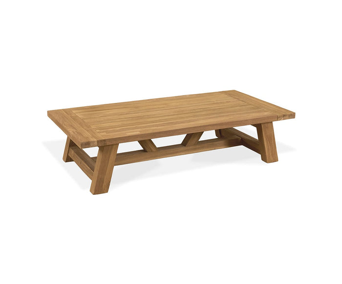 The Thorvid Outdoor Coffee Table features a rectangular solid teak construction with a simple and sturdy design, four angled legs, and a slatted tabletop. Made from weather-resistant wood with a natural light brown finish, this outdoor coffee table is shown on a white background.