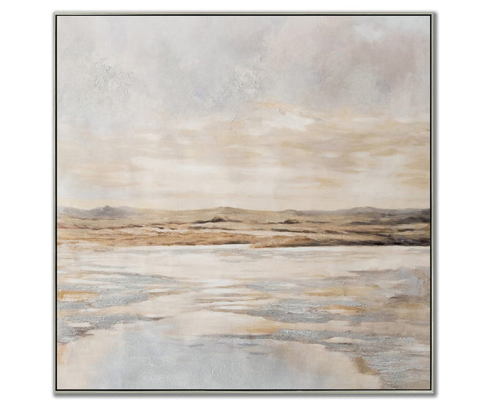 The Tidewash Wall Art, in a serene Beige/Multi color palette, features a tranquil landscape with gentle water and distant hills beneath a soft sky. Hand-embellished for added texture and dimension, this wall decor brings an elegant, understated look to any space, making it a sophisticated choice for abstract art lovers.