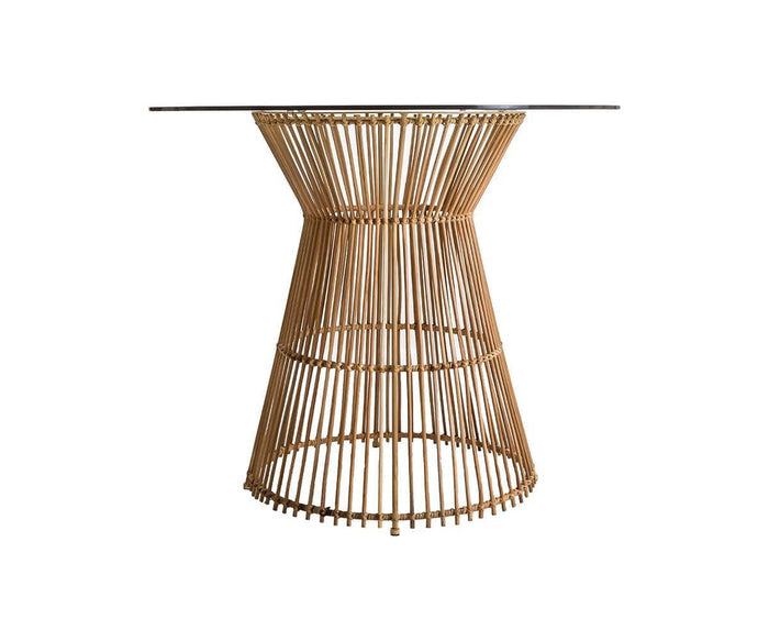 The Tori Round Counter Table features a glass top and a tapered cylindrical base crafted from vertical bamboo or rattan rods in an open, airy pattern, adding a touch of Scandinavian style to any space.
