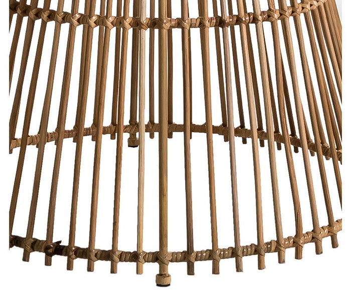 Close-up of the Tori Round Counter Table showcases its woven rattan surface with vertical and horizontal strips, forming an open, basket-like pattern against a white background—an elegant accent perfect for complementing Scandinavian style interiors.