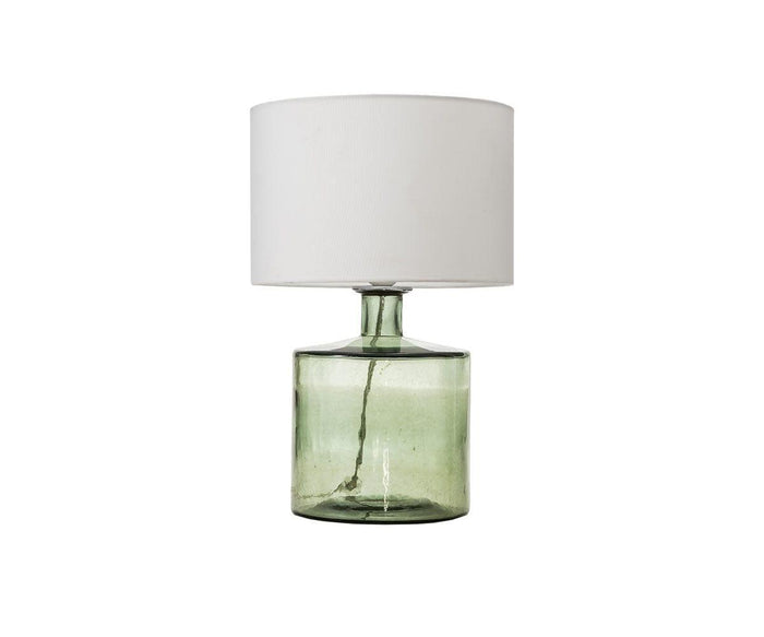 Translucent Glass Lamp - Smokey Grey featuring a smokey grey recycled glass base and a plain white fabric cylindrical lampshade, pictured against a white background.