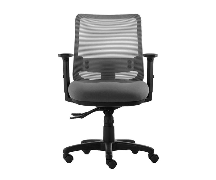The Troy Desk Chair, shown from the front, features a black and gray design with a mesh backrest, padded seat, adjustable armrests, and a wheeled base for ergonomic comfort.