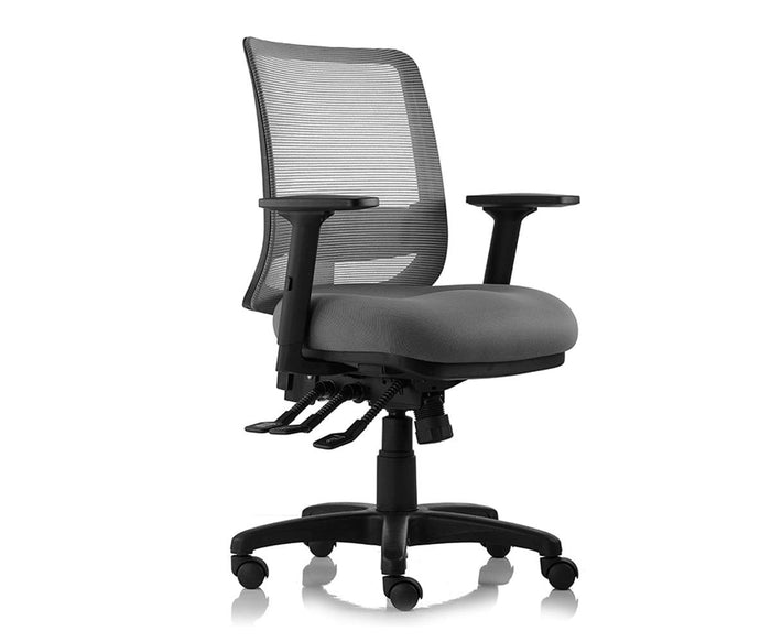 The Troy Desk Chair, shown against a white background, features a black ergonomic design with a mesh back, cushioned seat, adjustable armrests, and wheels. This adjustable office chair is crafted to provide comfort and support throughout your workday.