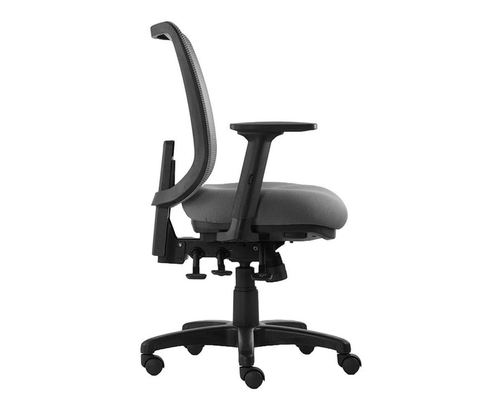 The Troy Desk Chair is shown from the side, featuring a modern ergonomic design with a mesh back, adjustable armrests, a padded seat, and a five-wheel black base.