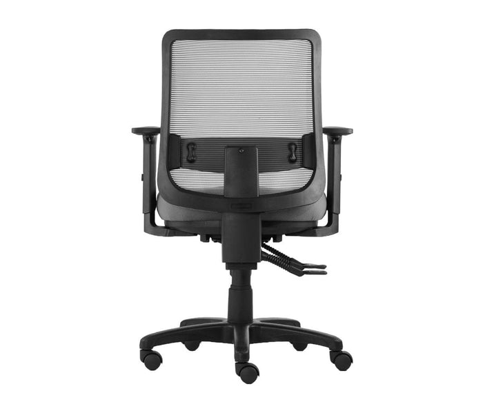 The Troy Desk Chair is shown from the back against a white background, featuring a black ergonomic design with a mesh backrest, adjustable armrests, and a five-wheel base.
