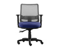 The Troy Desk Chair, featuring a blue cushioned seat, black ergonomic design with mesh backrest, and adjustable armrests, is shown from the front on a sturdy five-wheel base.
