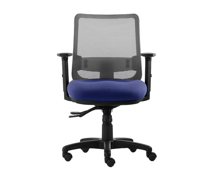 The Troy Desk Chair, featuring a blue cushioned seat, black ergonomic design with mesh backrest, and adjustable armrests, is shown from the front on a sturdy five-wheel base.