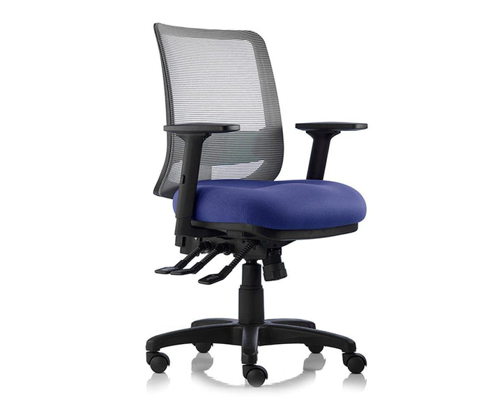 The Troy Desk Chair features an ergonomic design with a blue cushioned seat, black mesh backrest, adjustable armrests, and a sturdy five-wheel base. Equipped with levers for both height and tilt adjustments, this chair provides customizable comfort and support throughout your workday.