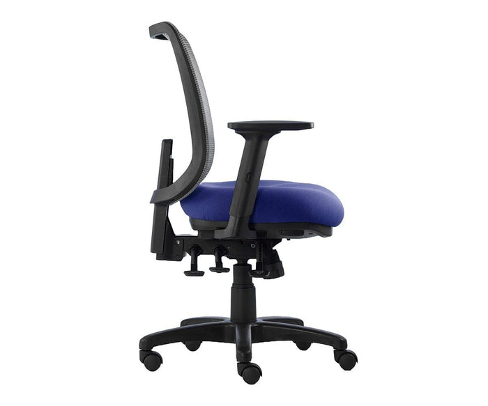 Side view of the Troy Desk Chair featuring a blue cushioned seat, black mesh backrest, adjustable armrests, and a five-wheel black base—perfect as an adjustable office chair for any workspace.