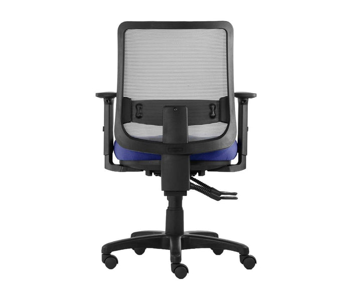 The Troy Desk Chair, shown from the back, features a black ergonomic design with a mesh backrest, adjustable armrests, a blue cushioned seat, and a five-wheel base—making it an ideal adjustable office chair for any workspace.