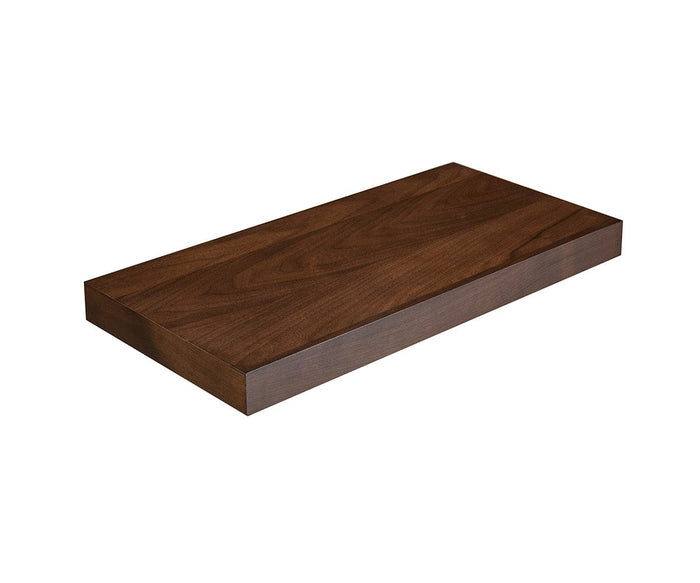 A rectangular Ulin 24″ Shelf in walnut, featuring visible wood grain and a modern floating design, is displayed against a plain white background. This sophisticated shelf provides multifunctional storage for any space.