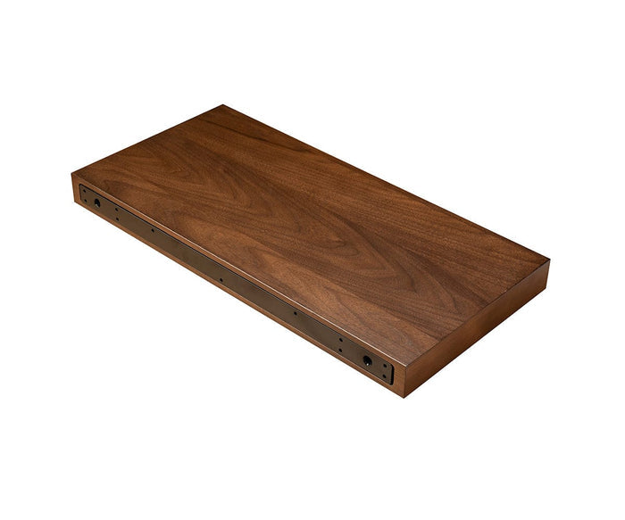 The Ulin 24″ Shelf is a rectangular wooden device with a polished finish, evoking the look of a modern shelf, and features multiple ports and controls along one edge, shown resting on a white background.