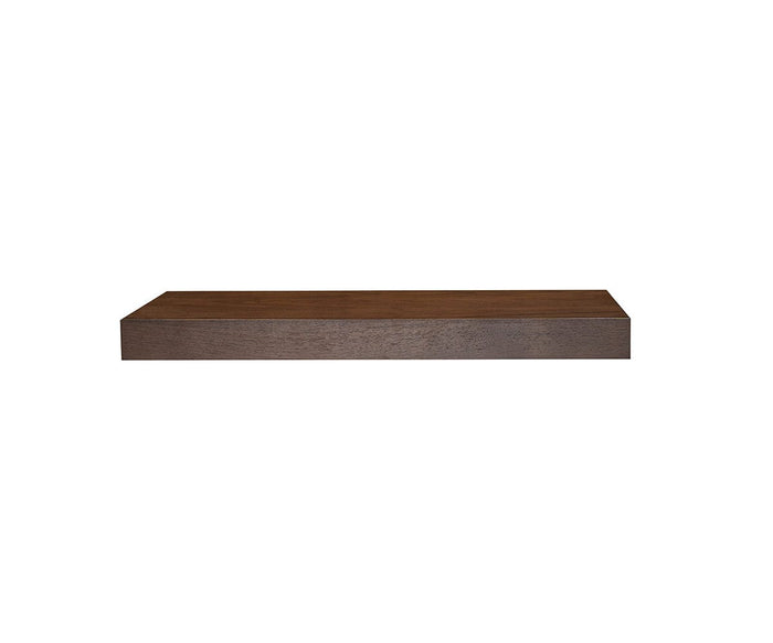 The Ulin 24″ Shelf is a simple, rectangular, dark brown wooden floating shelf set against a plain white background, providing a modern and elegant solution that suits any space.