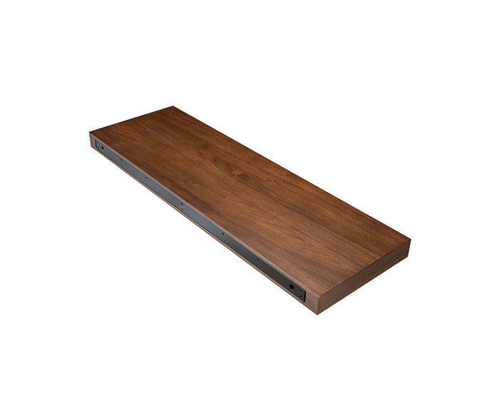 The Ulin 36″ Shelf is a rectangular wooden floating shelf featuring a dark brown finish and a metal mounting bracket attached to the underside; this modern piece is displayed against a white background.