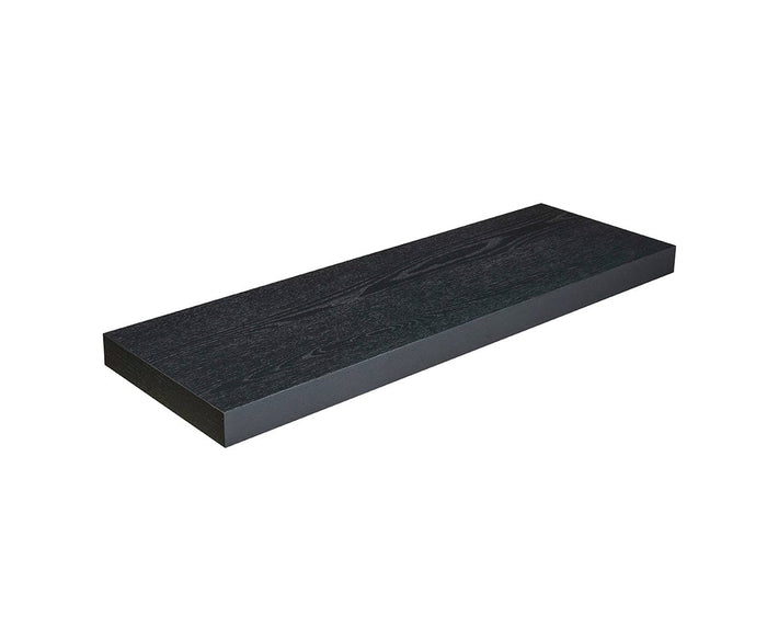 The Ulin 36″ Shelf is a rectangular, black oak wall shelf featuring a wood grain texture and a modern floating shelf design, isolated on a white background.