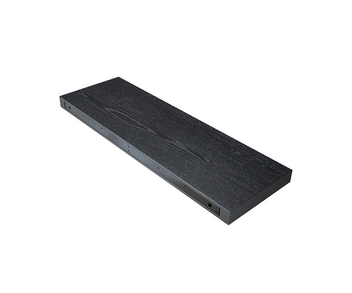 The Ulin 36″ Shelf is a rectangular, black wooden modern shelf featuring a smooth finish and visible wood grain. Shown against a white background, this shelf appears ready for wall mounting.