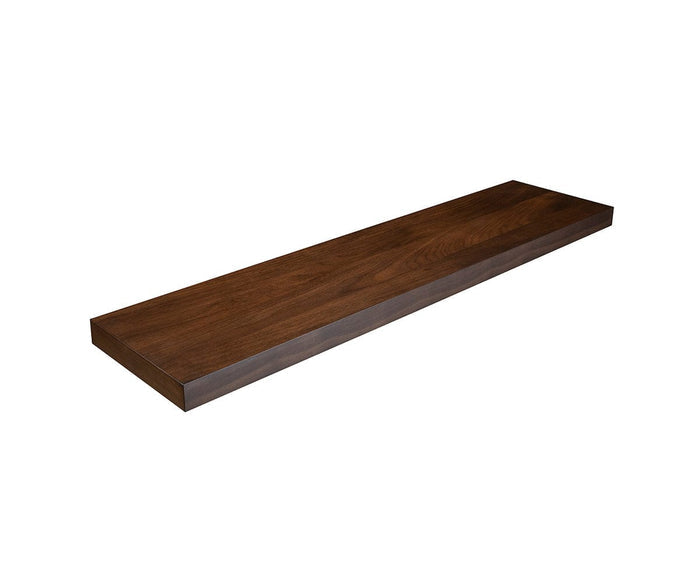 The Ulin 48″ Shelf, a single floating wall shelf with a walnut finish, is shown isolated on a white background.