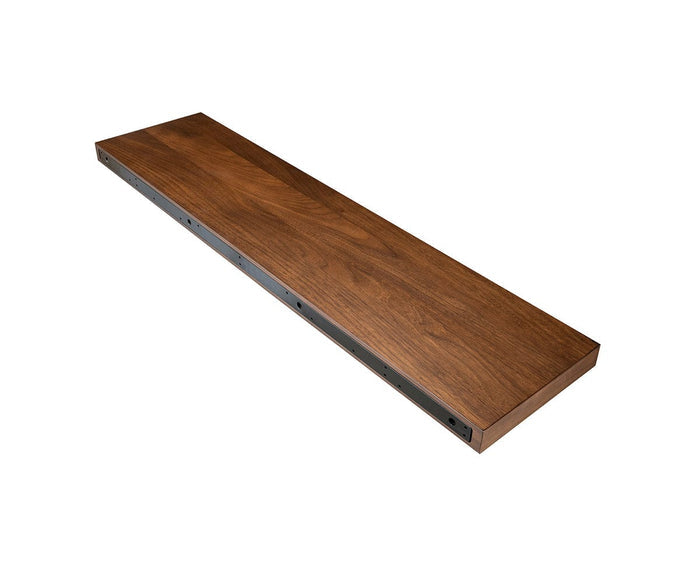 The Ulin 48″ Shelf is a rectangular wooden floating shelf featuring a visible metal mounting bracket along one side, shown isolated on a white background.