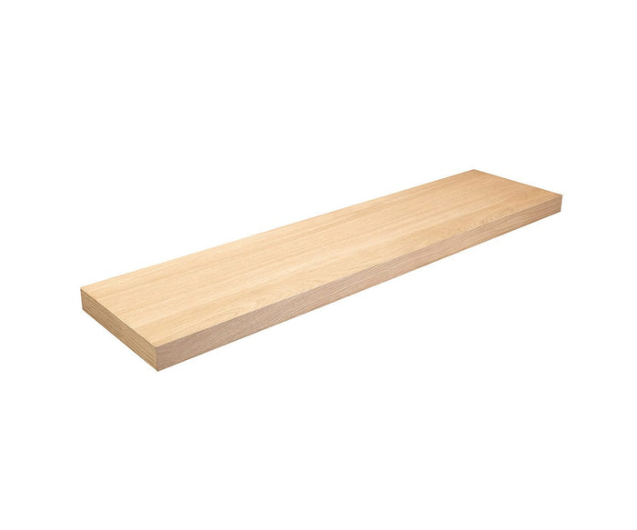 The Ulin 48″ Shelf in White Oak, featuring clean, simple lines and a modern design, is displayed against a white background.